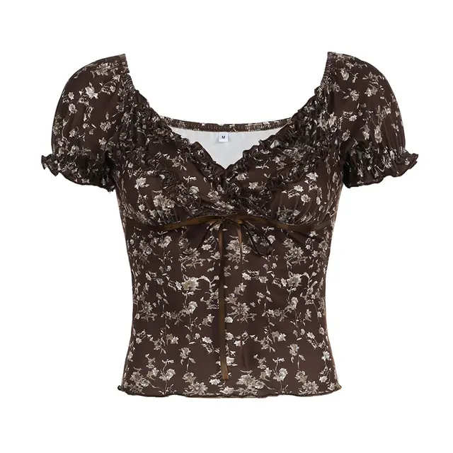 French Style Socialite Style Vintage Floral Printed V neck Puff Sleeve Brown - Shop at LoveMi