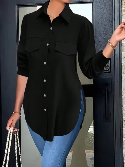 Sweet Polyester Cardigan Polo Collar Shirt Black - Shop at LoveMi