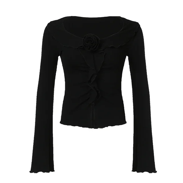 French style Three dimensional Rose Ruffled Slit Curling Bell Sleeve Short Top Black - Shop at LoveMi