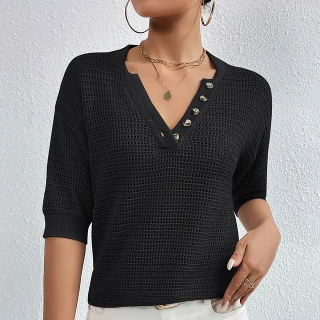 V neck Hollow Knitwear Women's Clothing Black - Shop at LoveMi
