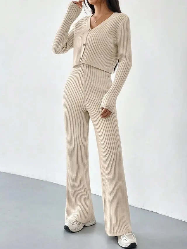 Fashion Casual Straight Pants Loose Temperament V neck Sunken Stripe Knit Two piece Suit Beige Coat Pants - Shop at LoveMi