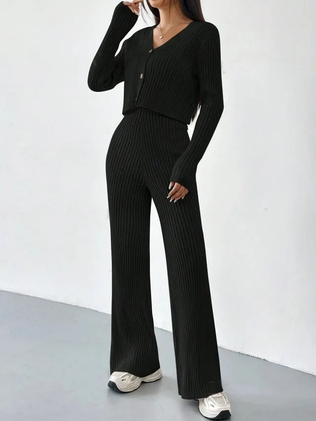 Fashion Casual Straight Pants Loose Temperament V neck Sunken Stripe Knit Two piece Suit Black Top Pants - Shop at LoveMi