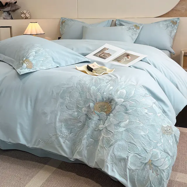 Bed Cotton Flower Embroidered Quilt Fitted Sheet Set Water Cloud Blue - Shop at LoveMi