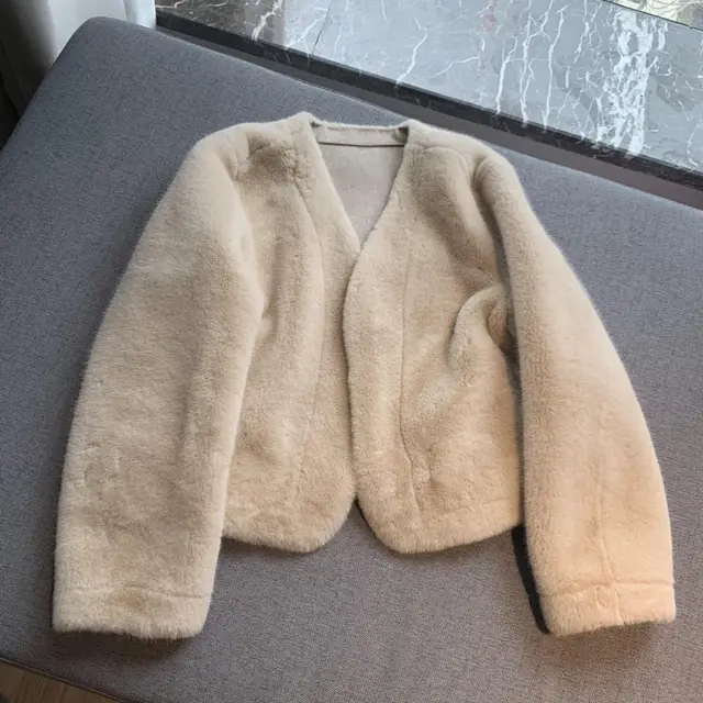 Women's Short Solid Color Eco friendly Fur Jacket Apricot - Shop at LoveMi