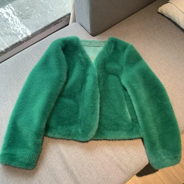 Women's Short Solid Color Eco friendly Fur Jacket Green - Shop at LoveMi