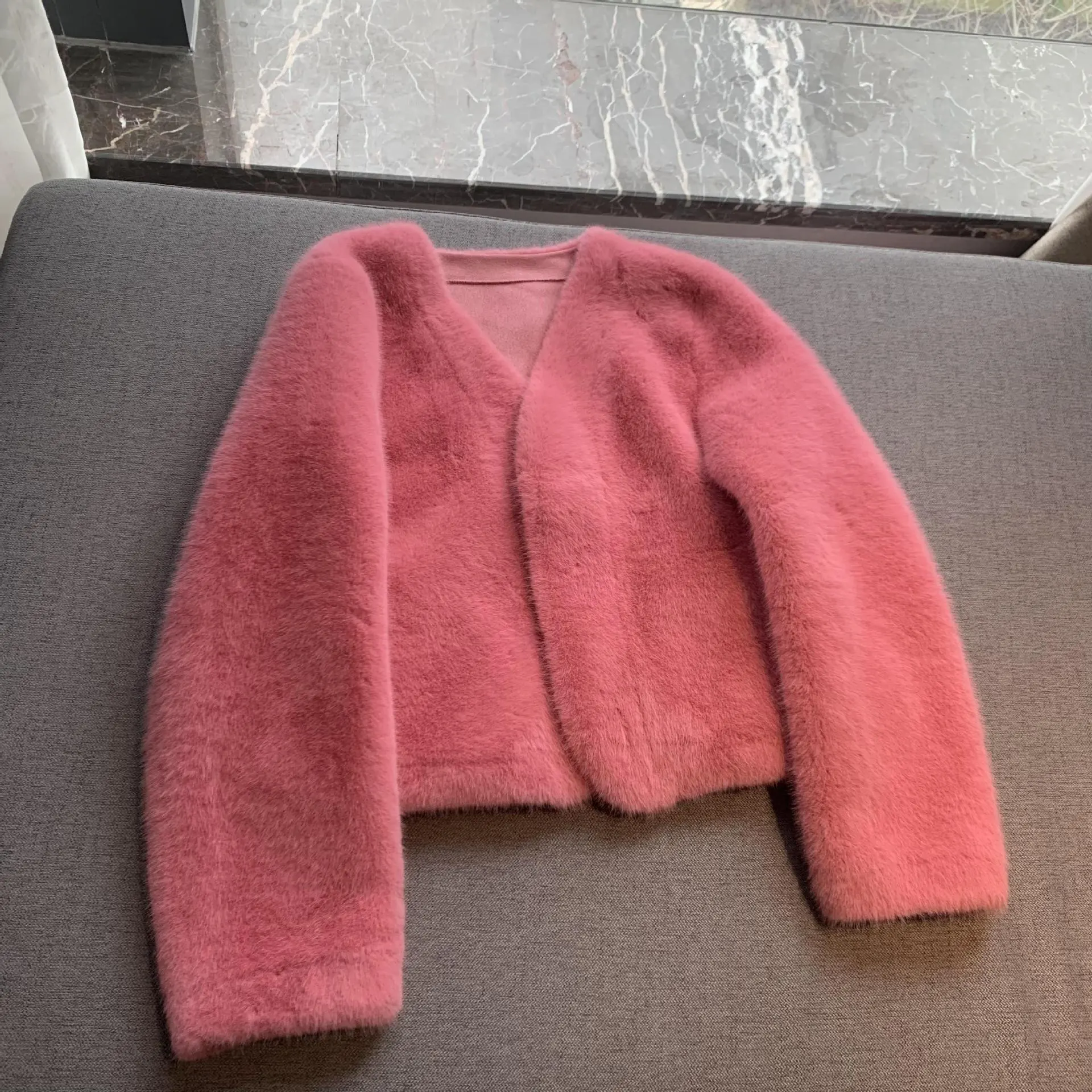 Women's Short Solid Color Eco-friendly Fur Jacket - Raspberry Color
