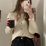 Retro Crew Neck Flavor Knitted Cardigan Top - Beige