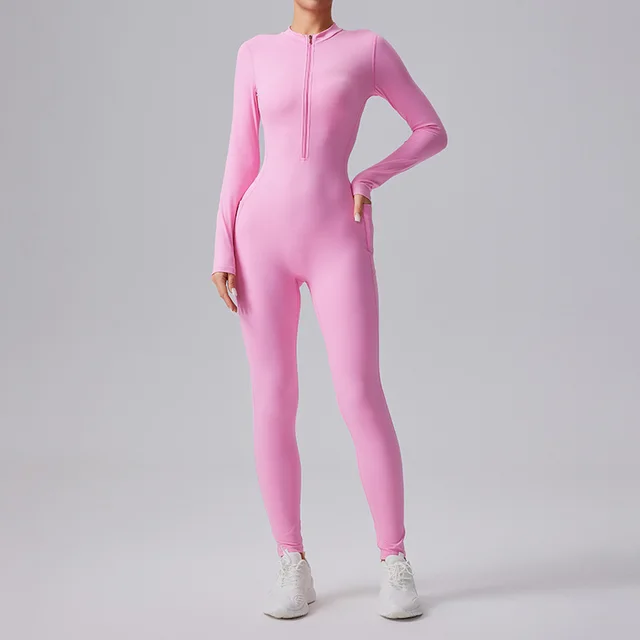 Women's Solid Color Casual Half Long sleeve Zipper Jumpsuit Pink - Shop at LoveMi