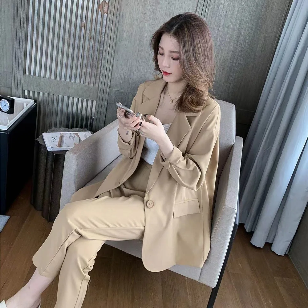 Casual Suit Women's Spring And Autumn Long-sleeved Jacket Cropped Pants - Khaki