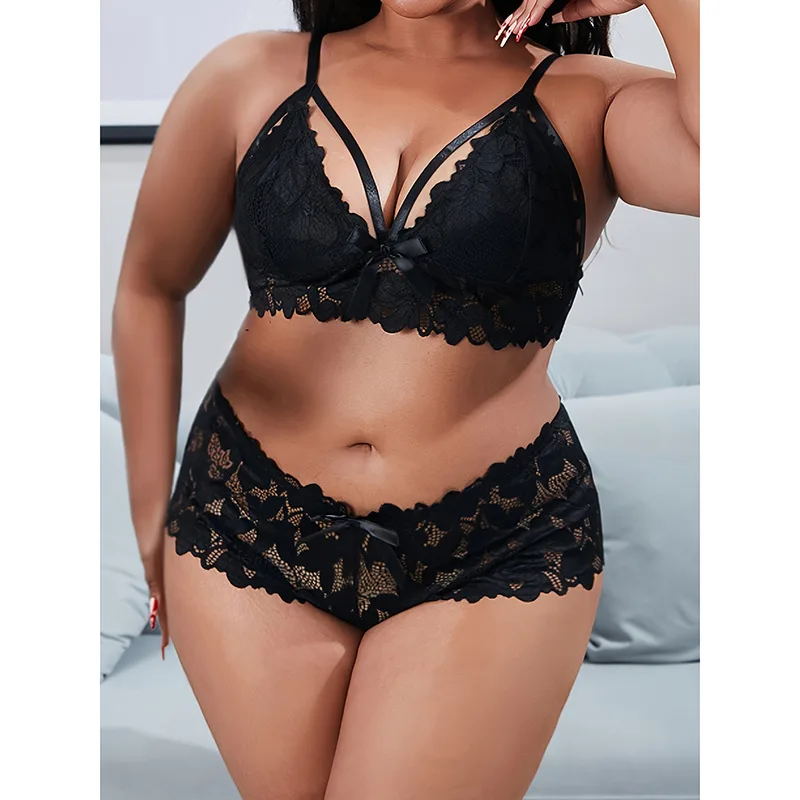 Plus Size Underwear Mesh Suit Lace See-through - Black