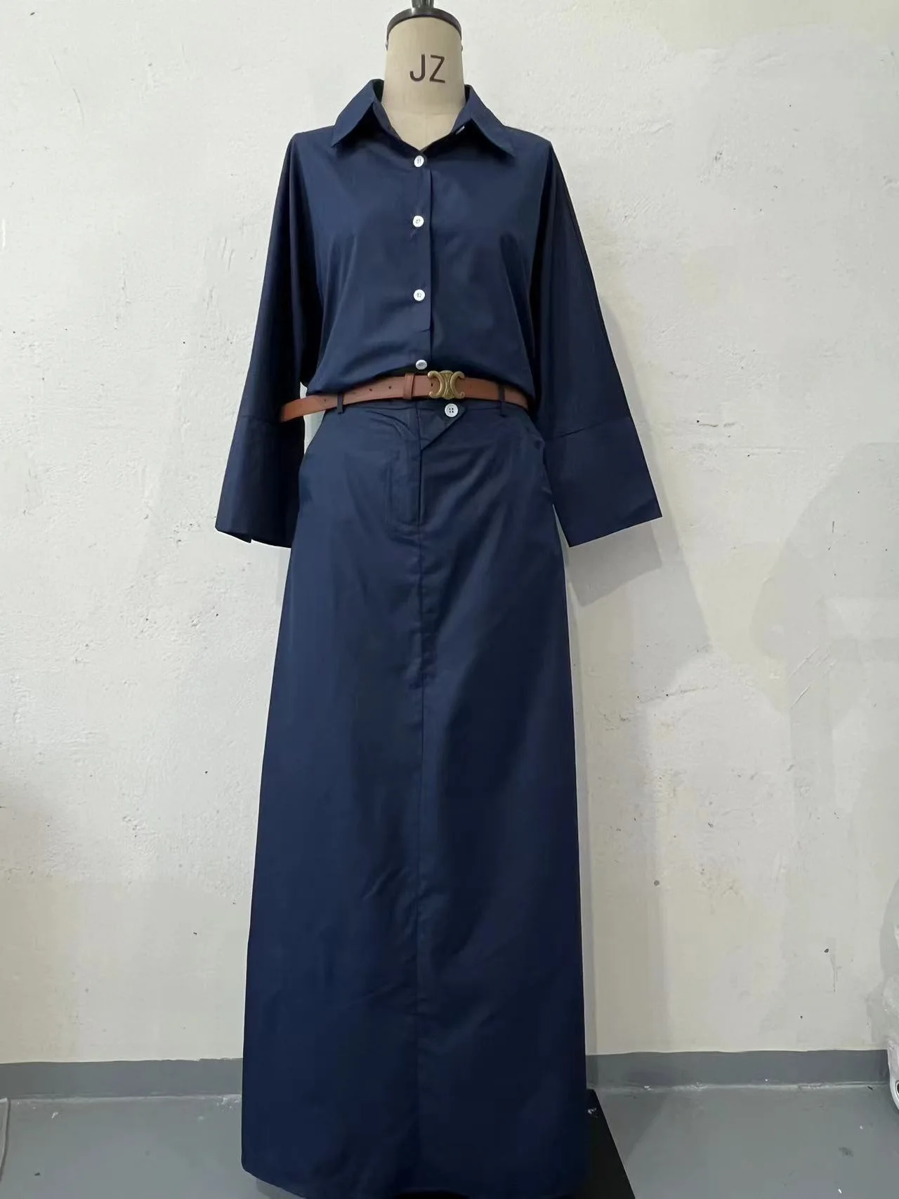 Casual Polo Collar Loose Top Maxi Skirt Suit - Navy Blue