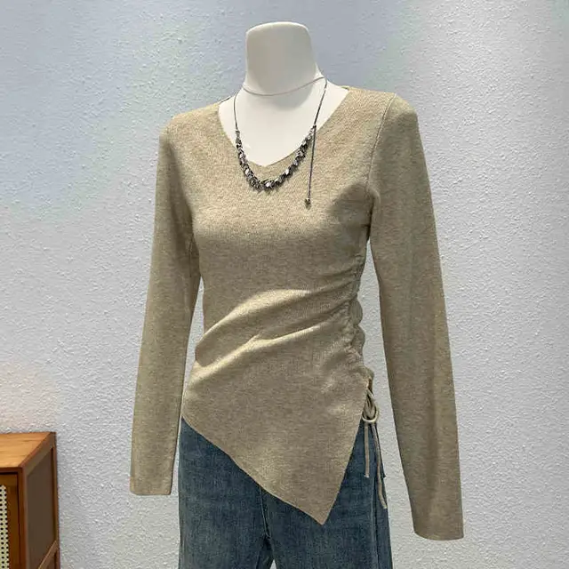 Knitted Long sleeved T shirt Women's Slim Bottoming Shirt Pleating Split Top Oats - Shop at LoveMi