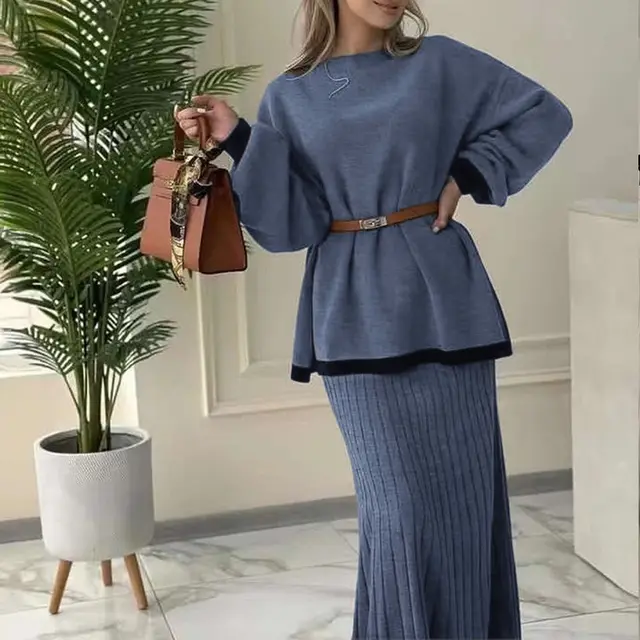 Autumn New Long sleeved Knitted Sweater Fitted Waist Sweater Suit Navy Blue - Shop at LoveMi