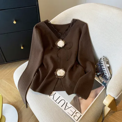 Lace V neck Long sleeve Knitwear Women's Button Design Slim Top Coffee - Shop at LoveMi