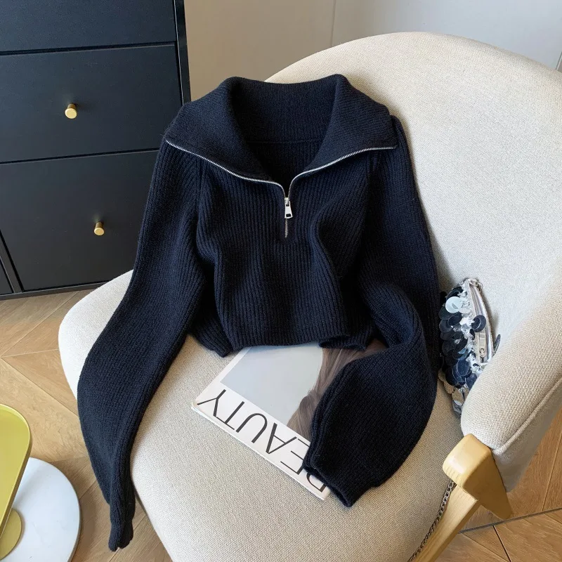 Women's Zipper Sweater Lapel Cropped Sweater Coat Black - Shop at LoveMi