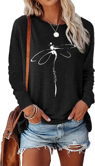 Dragonfly Pattern Round Neck Long Sleeve Women's T shirt Tops Black - Shop at LoveMi