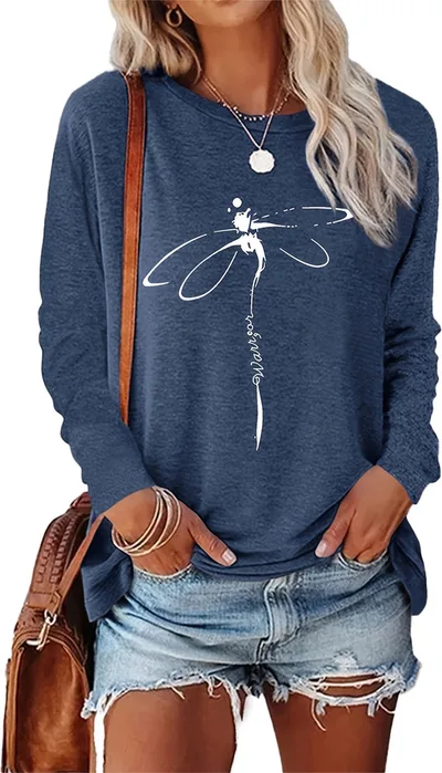Dragonfly Pattern Round Neck Long Sleeve Women's T shirt Tops Navy - Shop at LoveMi