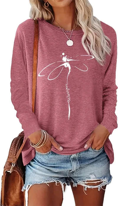 Dragonfly Pattern Round Neck Long Sleeve Women's T shirt Tops Peach - Shop at LoveMi
