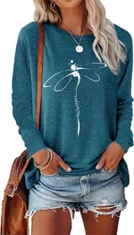 Dragonfly Pattern Round Neck Long Sleeve Women's T-shirt Tops - Peacock Blue