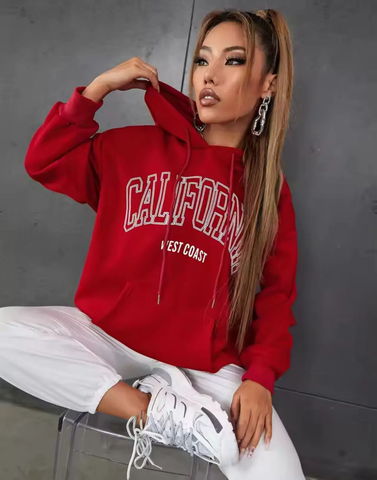 Letter Print Casual Hooded Sweater For Women - Red