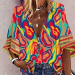 Printed V-neck Loose Zip Slim-fit Casual Short-sleeved Women's Top - Color-Xxl