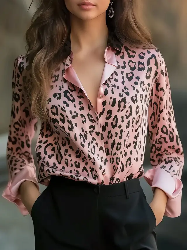 High Elastic Satin Printed Leopard Print Spring And Autumn Leisure Loose Shirt 2E239 - Shop at LoveMi
