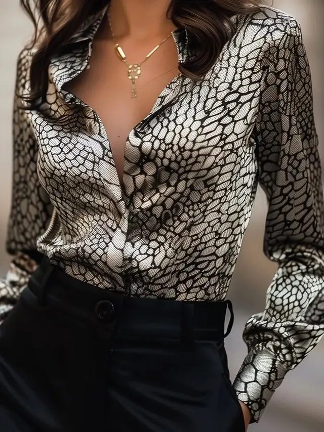 High Elastic Satin Printed Leopard Print Spring And Autumn Leisure Loose Shirt 5E239 - Shop at LoveMi