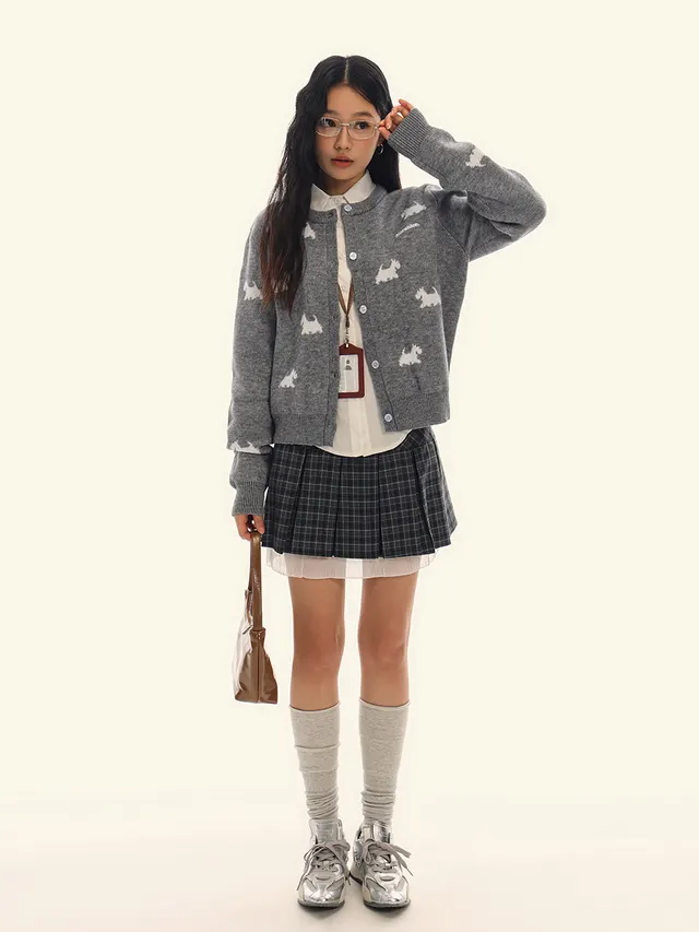 Jacquard Round Neck Cardigan Knitted Sweater Gray - Shop at LoveMi