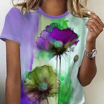 Round Neck Floral Color Matching Printed Women's Top Floral - Shop at LoveMi