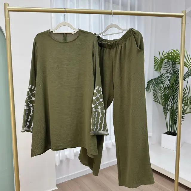Turkey Embroidered Wide leg Pants Two piece Set Army Green - Shop at LoveMi