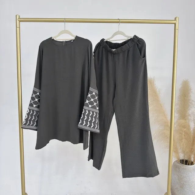 Turkey Embroidered Wide leg Pants Two piece Set Dark Gray - Shop at LoveMi