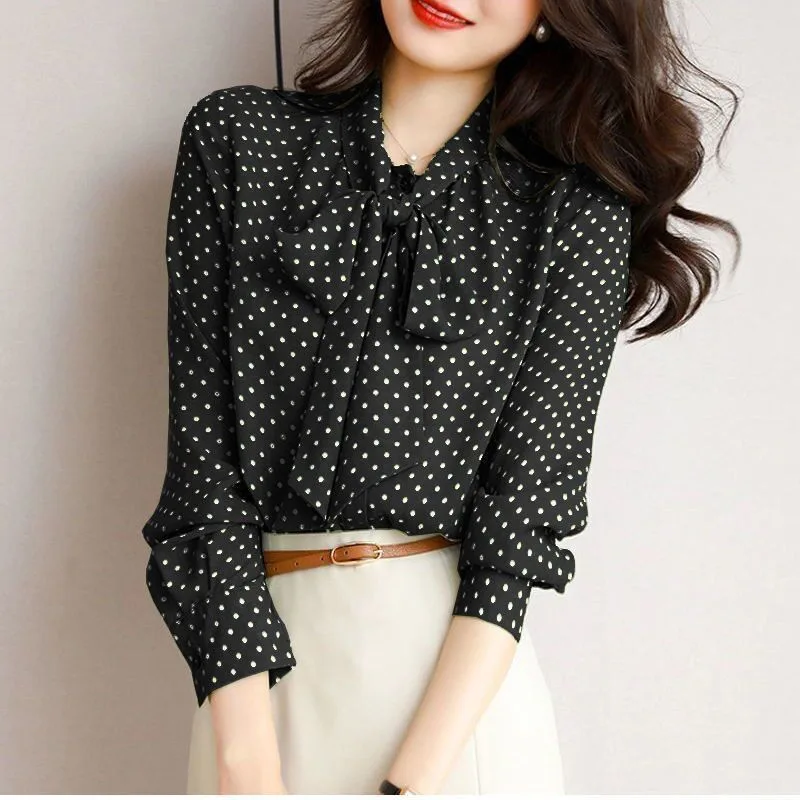 Women's Fashionable Polka Dot Shirt Casual Top - Black