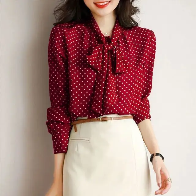 Women's Fashionable Polka Dot Shirt Casual Top Red - Shop at LoveMi