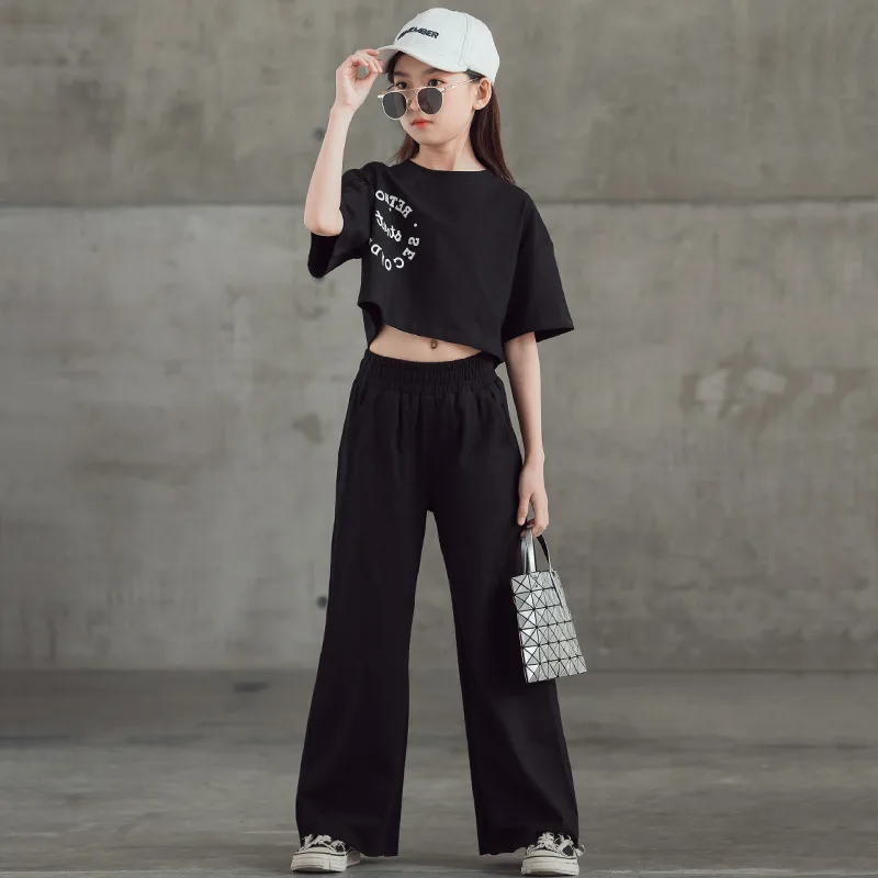 Straight-leg Short Sleeve Printed T-shirt Wide Leg Pants Suit - Black