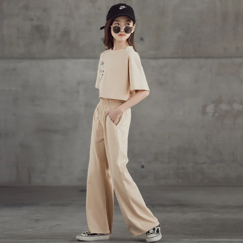 Straight leg Short Sleeve Printed T shirt Wide Leg Pants Suit Khaki - Shop at LoveMi