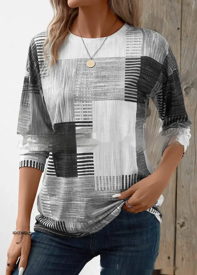 Women's Printed Round Neck Long Sleeve Top No 3 Color - Shop at LoveMi