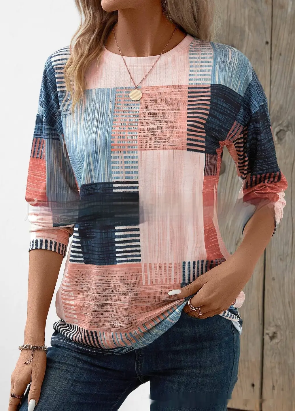 Women's Printed Round Neck Long Sleeve Top - No Color