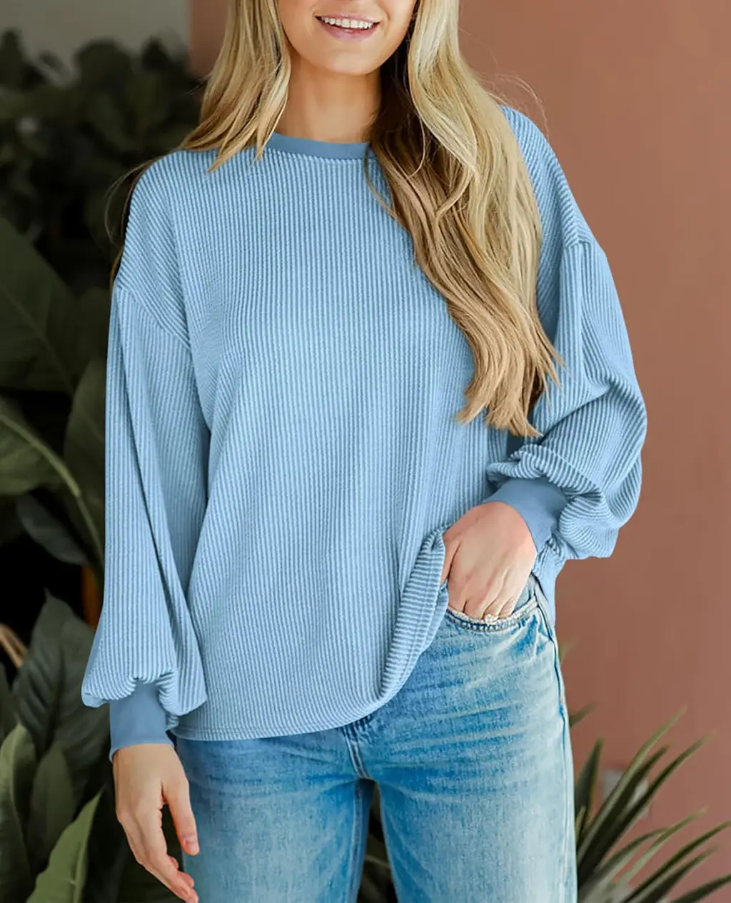 Women's Texture Loose Fashion Casual Sweater - Light Blue