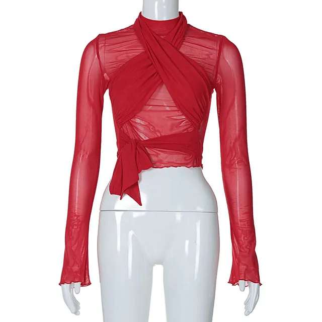 Fashion Tight Long Sleeve Tied Stitching Design Top Red - Shop at LoveMi
