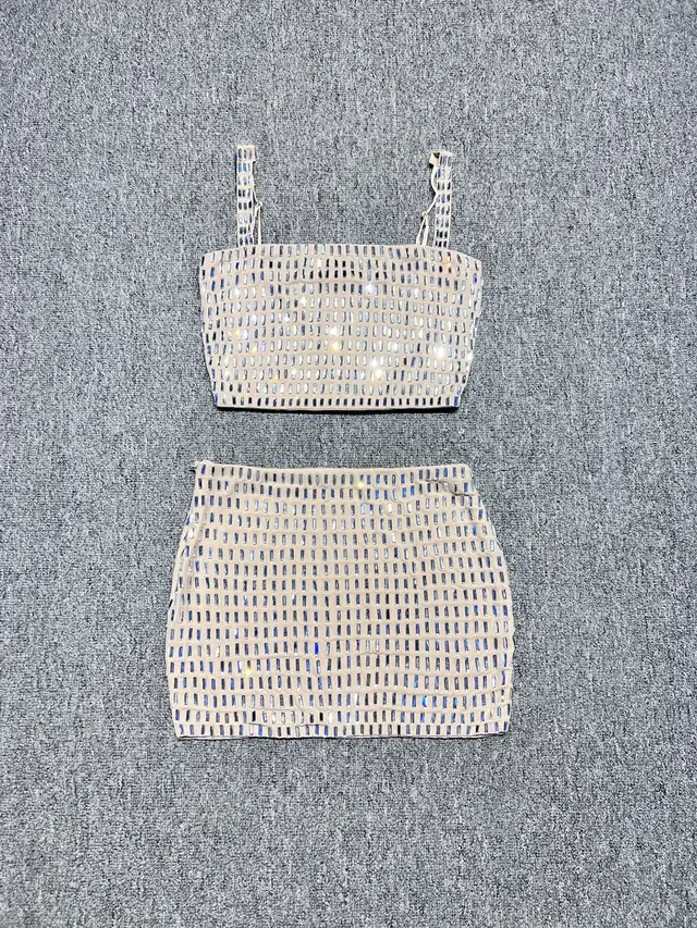 Women's Rhinestone Camisole Short Vest Waist leaking Hip Skirt Two piece Set Apricot - Shop at LoveMi