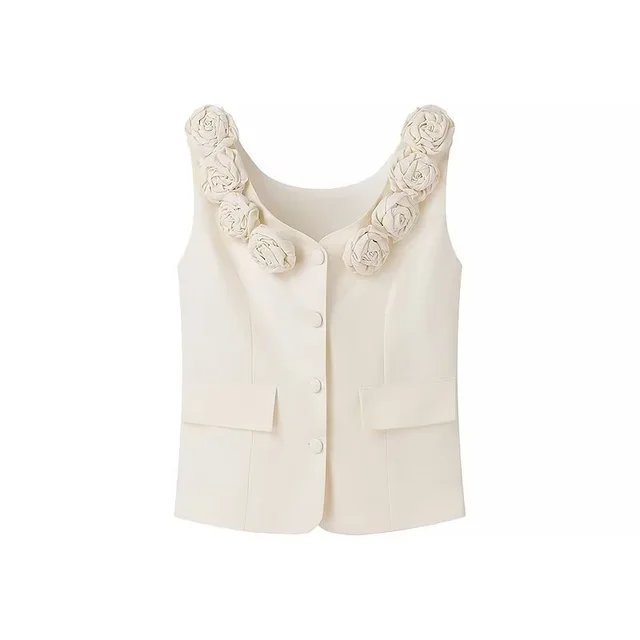 Female Fashion Single breasted Three dimensional Flower Vest Jacket White - Shop at LoveMi