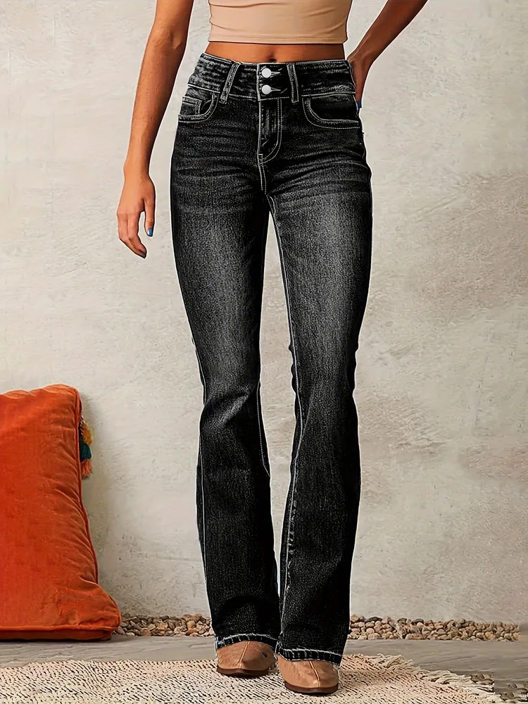 Skinny Flared Jeans With Pockets Fashion Button Zipper Trousers Women's Slim Denim Pants Black - Shop at LoveMi