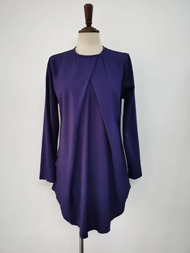 Malaysia Round Neck Elegant Top Solid Color Nine quarter Sleeve Shirt Dark Blue Without Headscarf - Shop at LoveMi