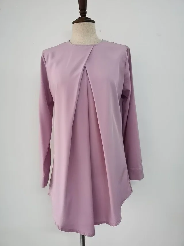 Malaysia Round Neck Elegant Top Solid Color Nine quarter Sleeve Shirt Pink Without Headscarf - Shop at LoveMi