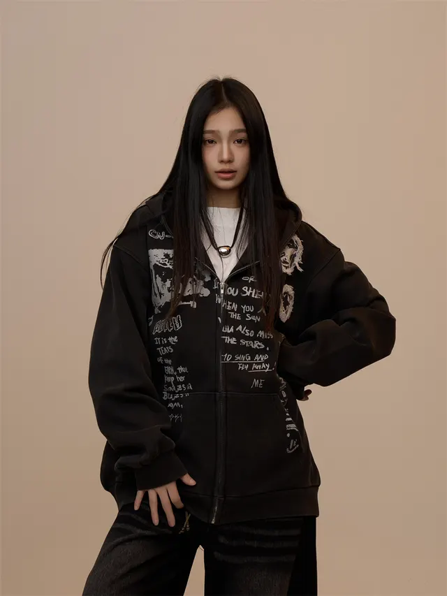 Sweater Women's Letter Printed Black Hooded Zipper Coat Black - Shop at LoveMi