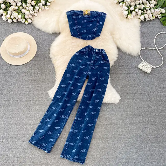Fashion Retro Graceful Tube Top Denim Vest Two piece Set Blue - Shop at LoveMi