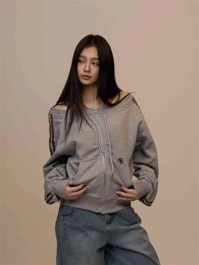 Off shoulder Off shoulder Long Sleeve Sweater Women's Slim fit Sports Top Dark Gray - Shop at LoveMi