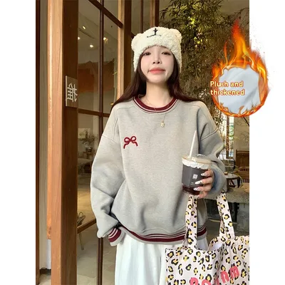 Korean Style Fleece lined Embroidered Bow Round Neck Sweater For Women Gray - Shop at LoveMi