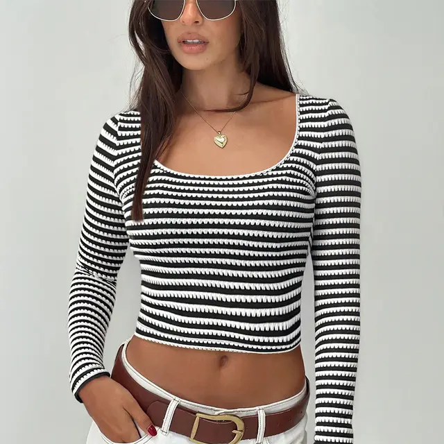 Slim fit Two tone Striped Long sleeved Knitted T shirt Black - Shop at LoveMi