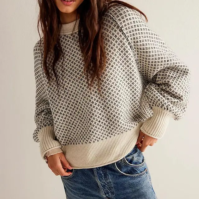 Autumn And Winter New Jacquard Round Neck Sweater Apricot - Shop at LoveMi
